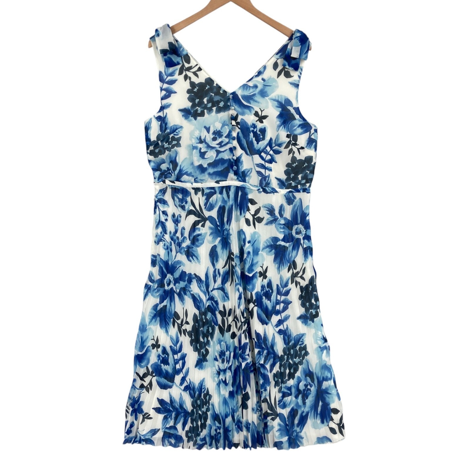 Talbots Dress Womens 16p White Blue Floral Bow Shoulder Pleated Lined Side Zip